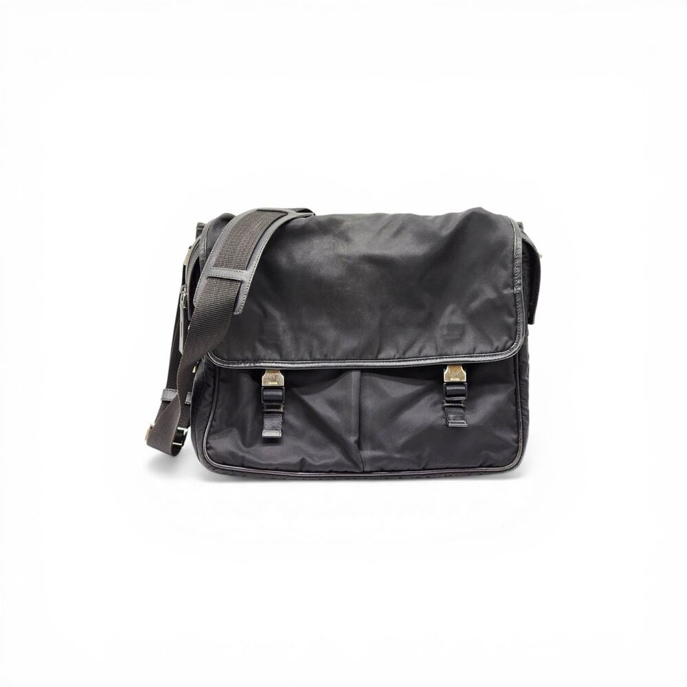 Prada Tessuto Nylon Double Clip Messenger Crossbody Computer Bag Black Unisex